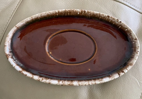 HULL Brown Drip Gravy Boat Plate Ovensafe Stoneware Glossy Finish USA 11"x6"