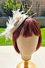 White Fascinator Hat Feather Pearl Rhinestone Wedding Church Kentucky Derby