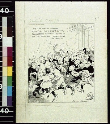 1921 Employment Manager Bright Boy Mechanical Toys Crowd Cartoon Illustration