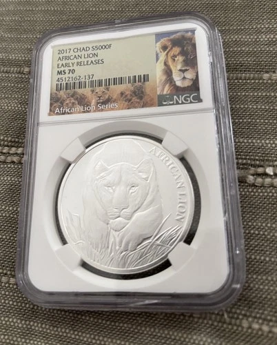 2017 CHAD 1oz SILVER AFRICAN LION WITH NGC PF 70 ULTRA CAMEO RF