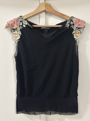 VIVIENNE TAM Black Sheer Embroidered Floral Shirt Top 90s VINTAGE