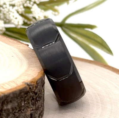 Black 8mm Tungsten Carbide Christmas Gifts Band Geometric Pattern Brushed Ring