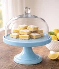 Vintage Blue Milk Glass Cake Stand w Glass Dome Cloche 9” Pedestal