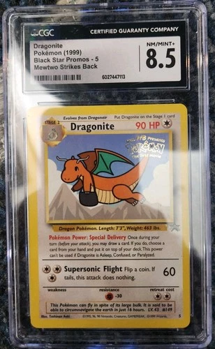 1999 😺 CGC-8.5 - Dragonite #5 Mewtwo Strikes Back Pokemon Black Star Promo