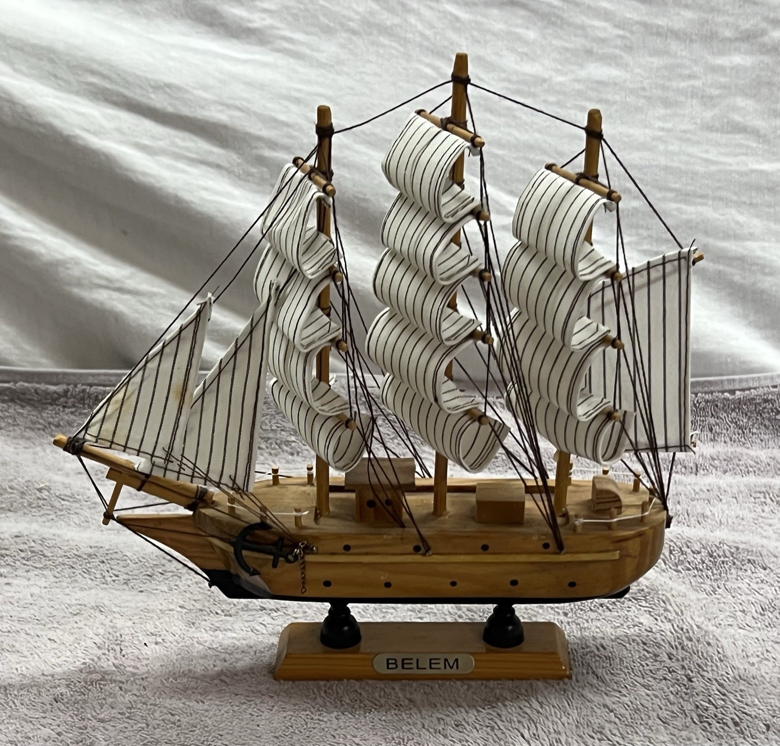 Vintage "Belem" Sailing Ship Model ~ Solid Hardwood, Hand Painted, Cloth Sails