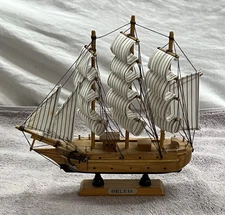 Vintage "Belem" Sailing Ship Model ~ Solid Hardwood, Hand Painted, Cloth Sails