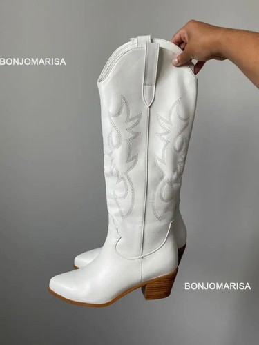 Women Embroidered Western Knee High Boots Cowboy Cowgirl Boots Chunky Heel Boot - Bild 19 von 35