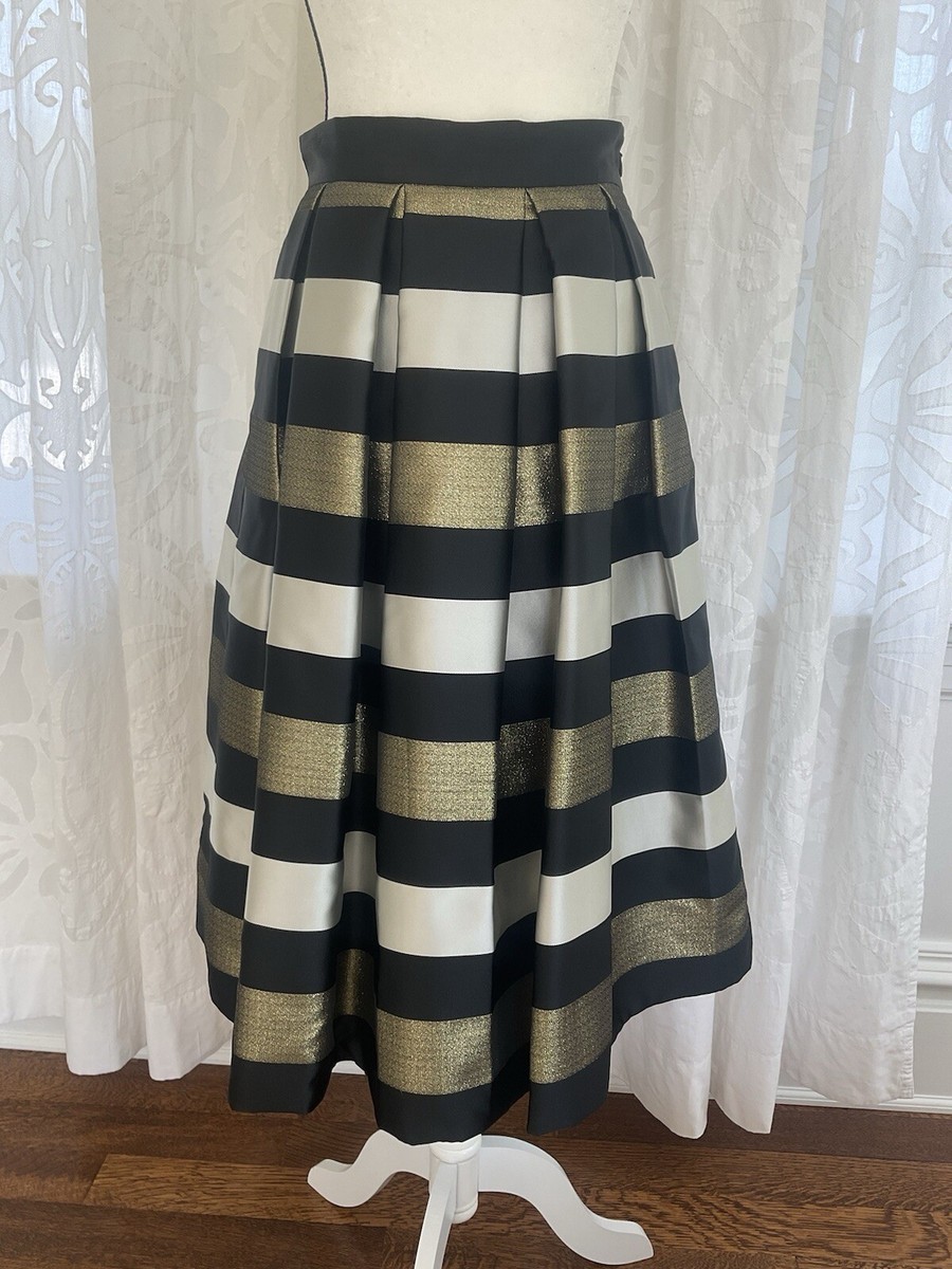 NWT WHBM Black and Gold Striped Taffeta Full Midi Pleated Skirt, Sz 2, Orig  $150