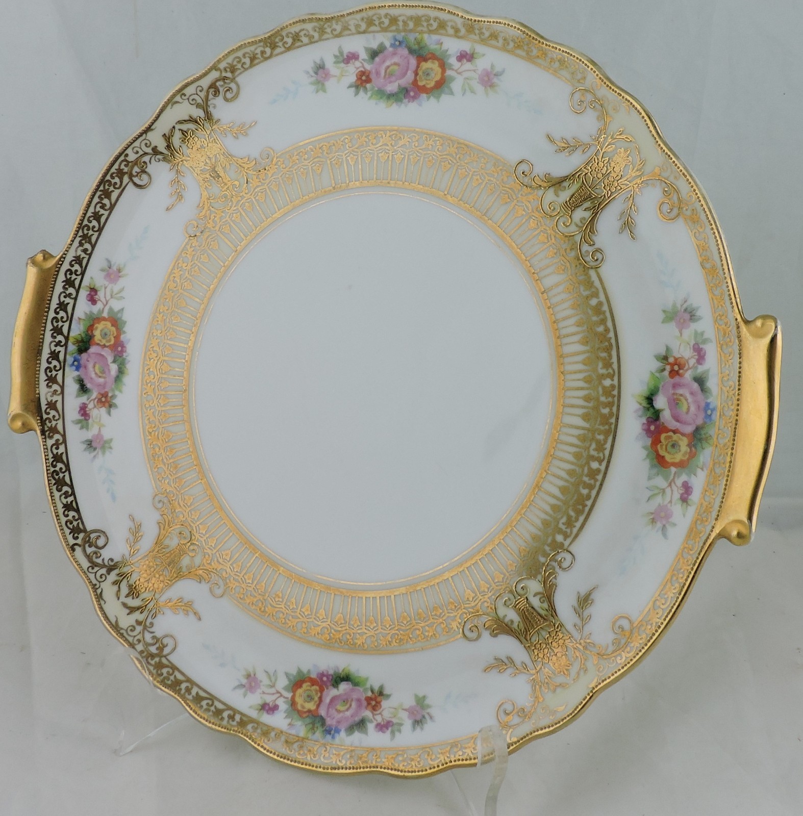 ANTIQUE HANDLED CAKE OR DECORATIVE PLATE RAISED GOLD SCROLL FLOWER BOUQUET