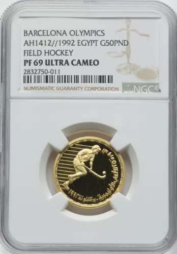 EGYPT , GOLD 50 POUNDS BARCELONA OLYMPICS 1992 HOCKEY NGC PF 69 UC , RARE12