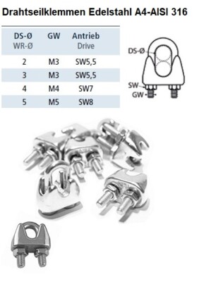 Marine Drahtseilklemmen Edelstahl A4 Bügelklemmen von 2-5mm ähnlich DIN 741 8248