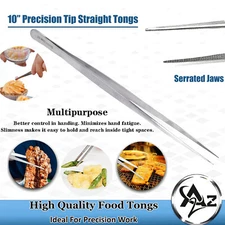 10"Long Food Tongs BBQ Grill Serrated Tweezer Forceps Kitchen Chef Dressing Tool