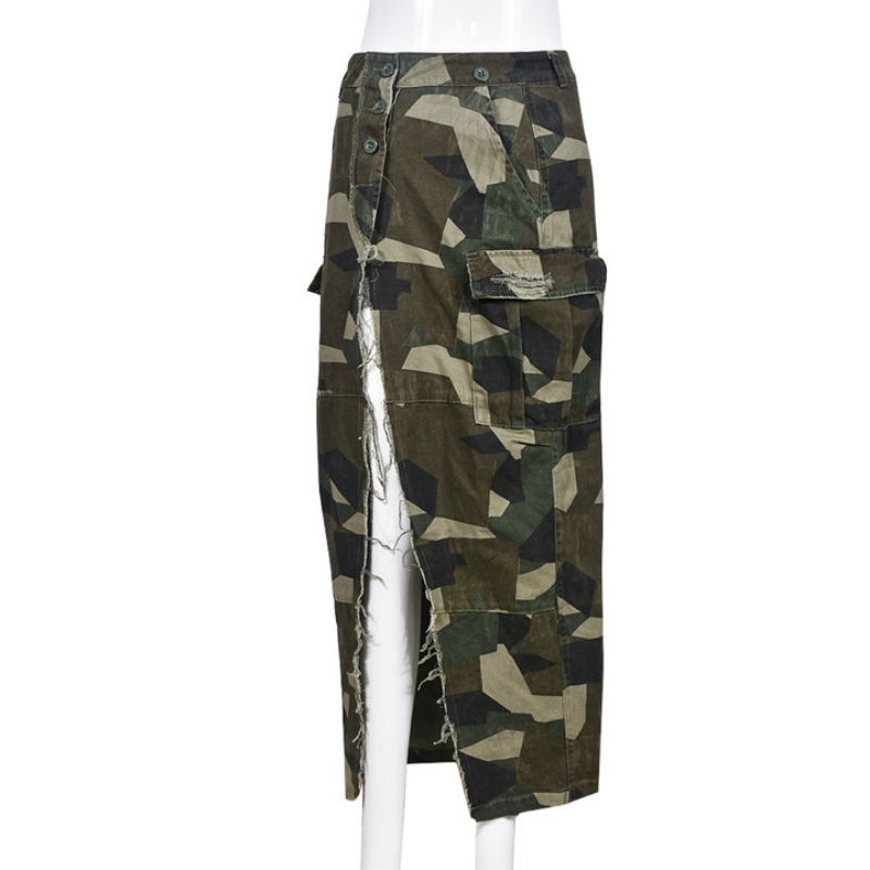 Ladies Camouflage Skirt Button Cargo Tassel High Split Thigh Pocket Long  Skirt