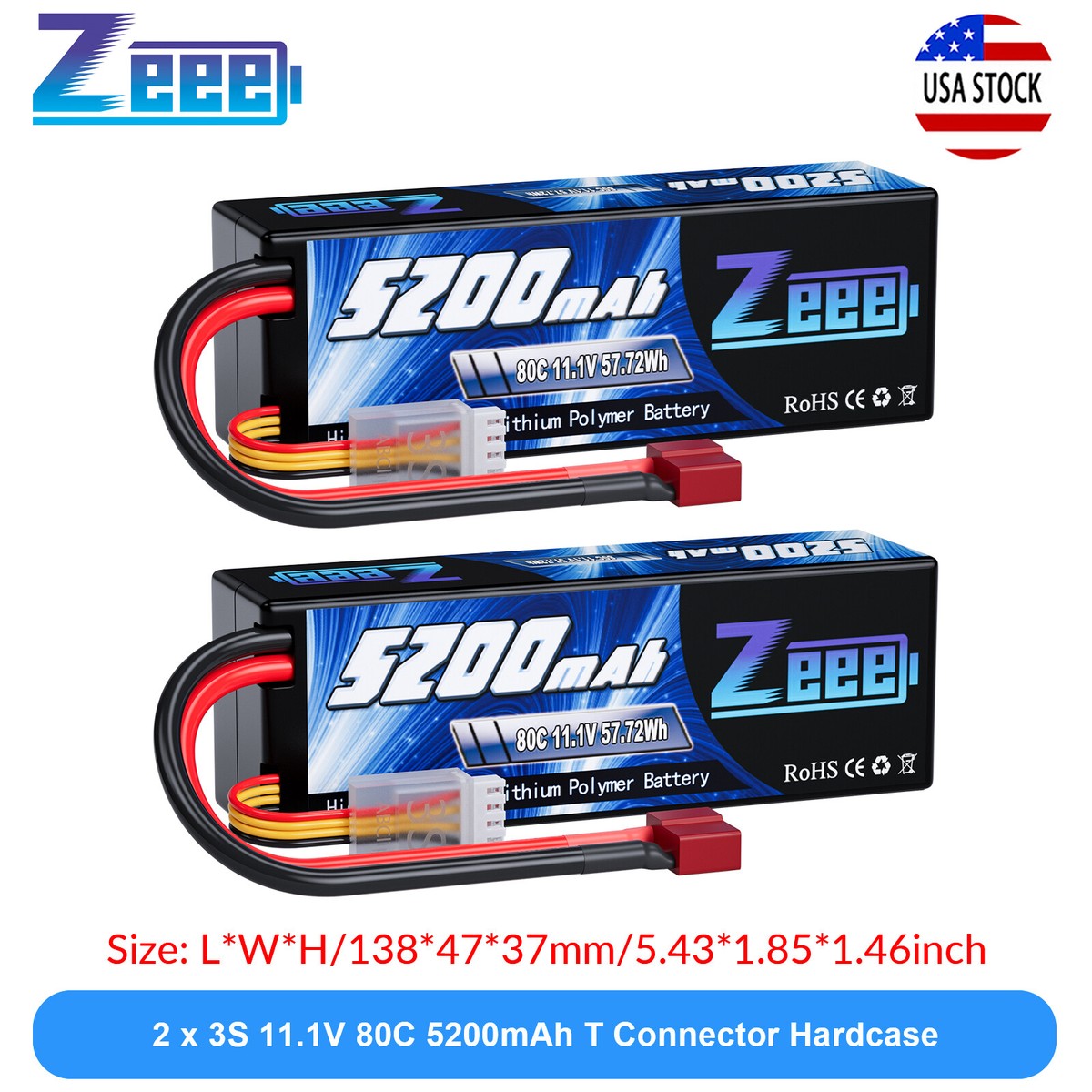 2x Zeee 11.1V 80C 5200mAh 3S LiPo Battery T Plug for RC Car Truck