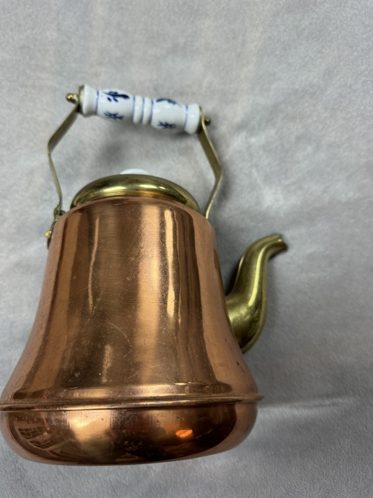 Vintage Antique Copper and Brass Teapot Tea Kettle with Porcelain