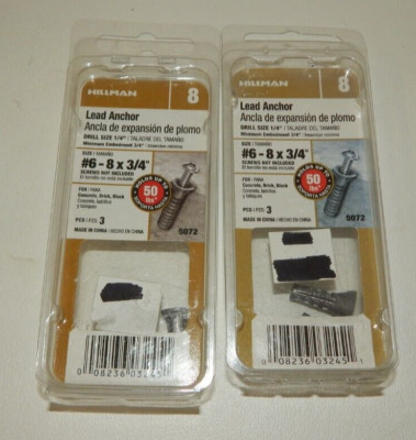 2 Packages Hillman Lead Anchor 8x3/4'' for Concrete Brick Blocks New in Packages