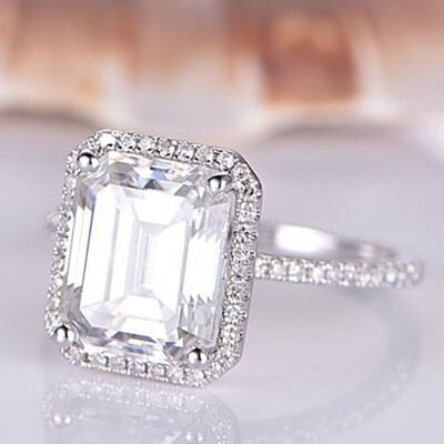 4Ct Emerald Cut Halo Simulated Diamond Engagement Ring in 14k White Gold Finish