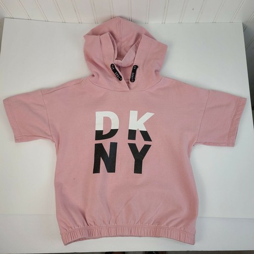 DKNY GIRLS Short Sleeve Sweatshirt Hoodie Pink Size Medium Pullover - Picture 10 of 10