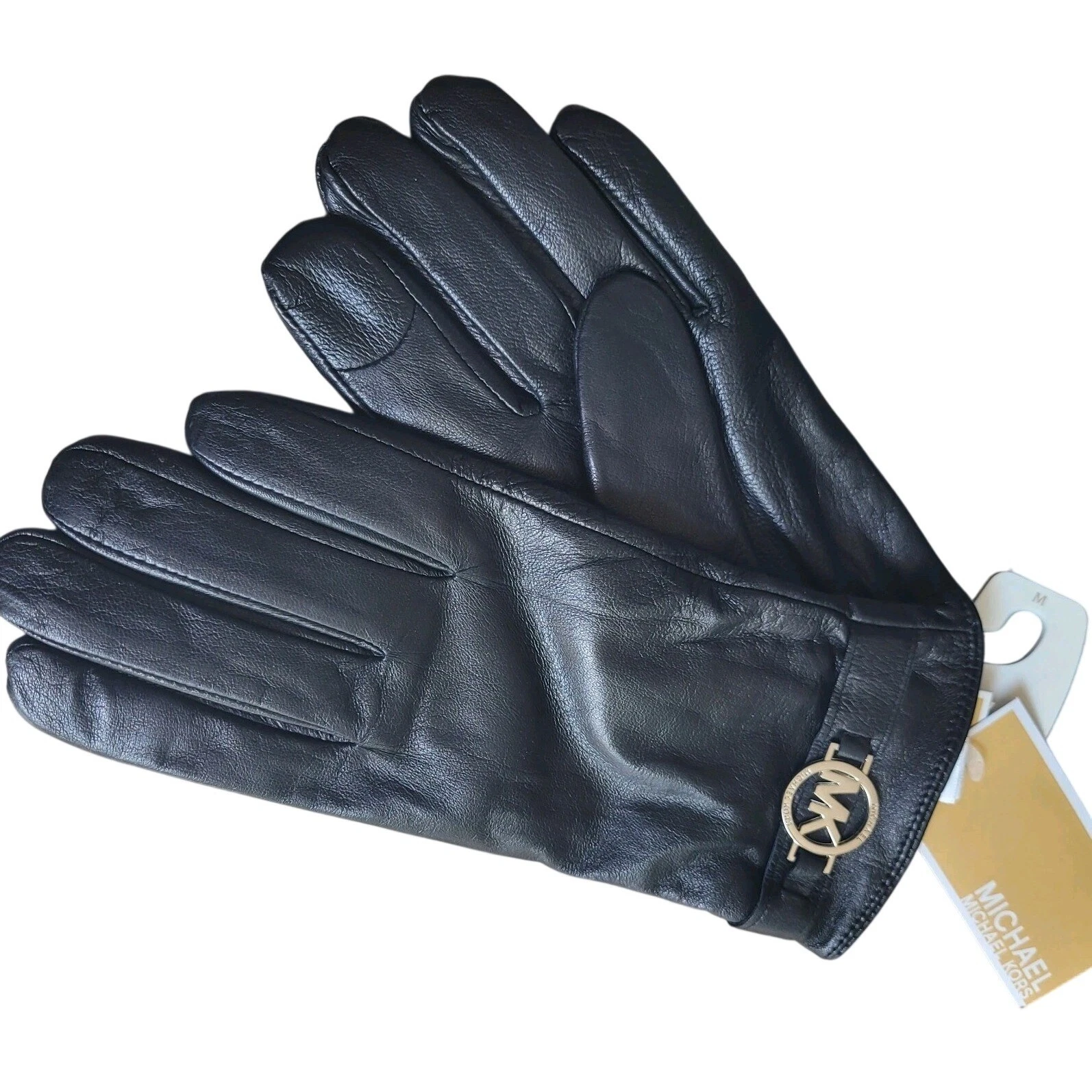 NWT Michael Kors Black Leather Touchscreen Gloves Size M Wrist Designer