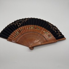 Vintage Spanish Wood Folding Hand Fan - Black  Gold Flamenco Abanico