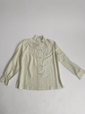 Vtg Women Chinese Silk Top Long Sleeves Hand Embroidered See Measurements Green
