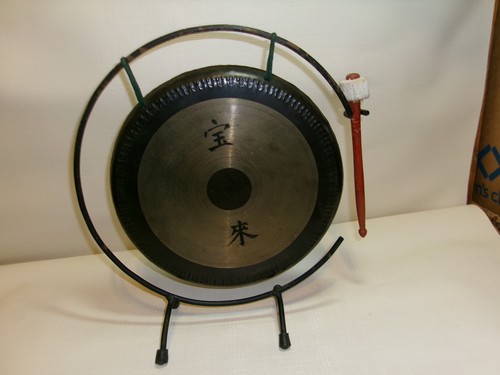 Vintage Chinese Brass Chau Gong 10” w/ Stand & Mallet Black Rim Feng Luo