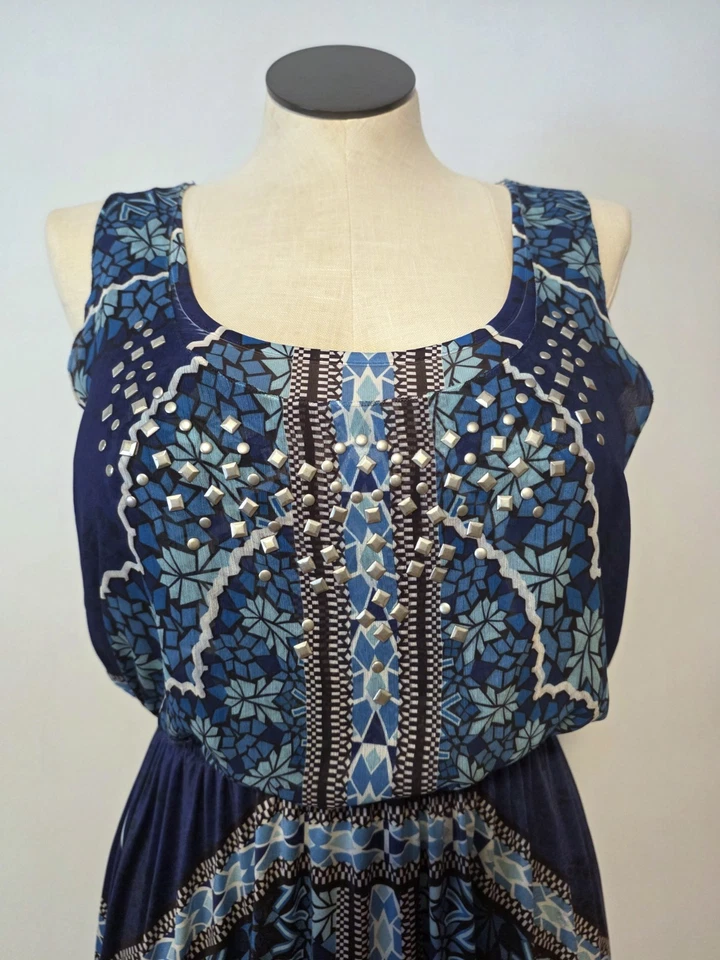 Nuevo con etiquetas Maxi Vestido Style & Co Azul Estampado Geométrico Sin Mangas Talla Mediana Foto 2 de 4