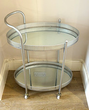 Oval Silver Metal & Glass Drinks Trolley, 2 Shelf Modern Bar Cart, 3 Wheels