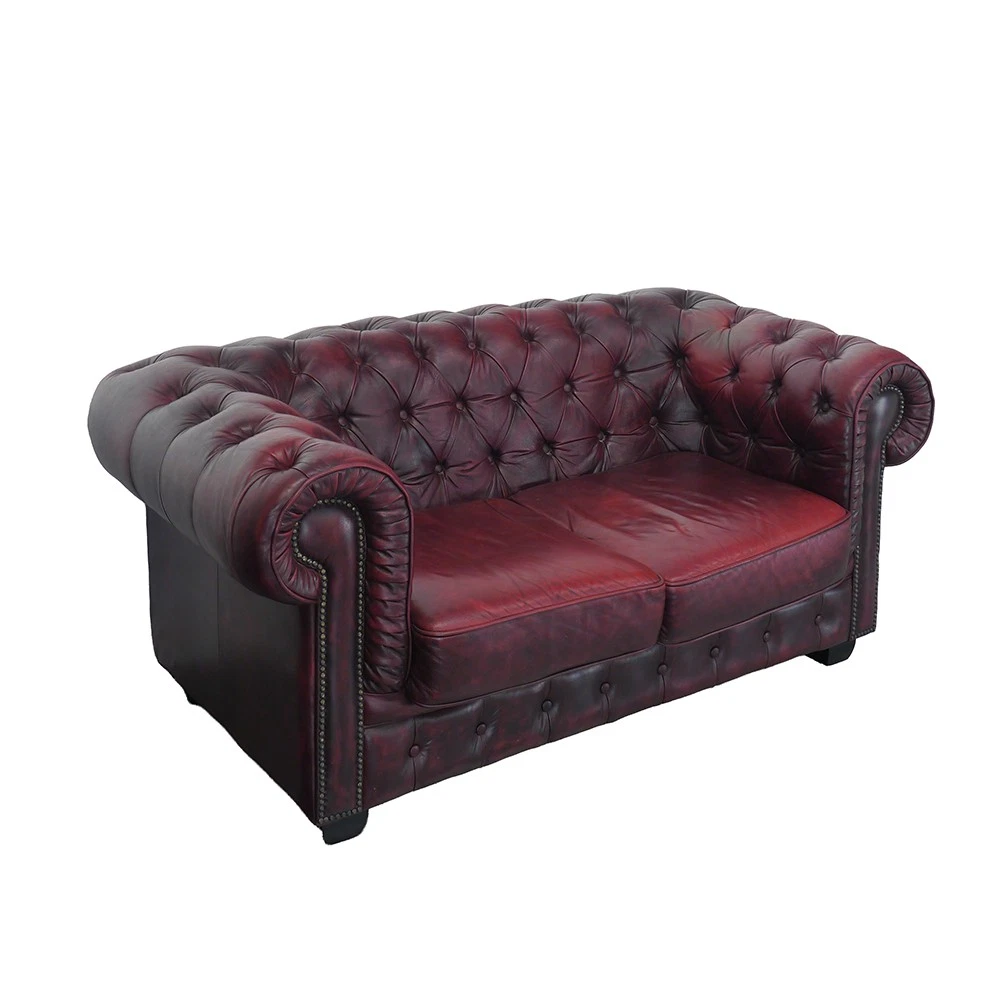 2 Seater Sofa English Chesterfield Design Wine Red Real Leather W:174cm -11883-