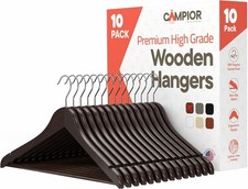 Brown Wooden Hangers 10 Pack   Heavy-Duty W/ 360  Swivel Hook Non-Slip Pants Bar