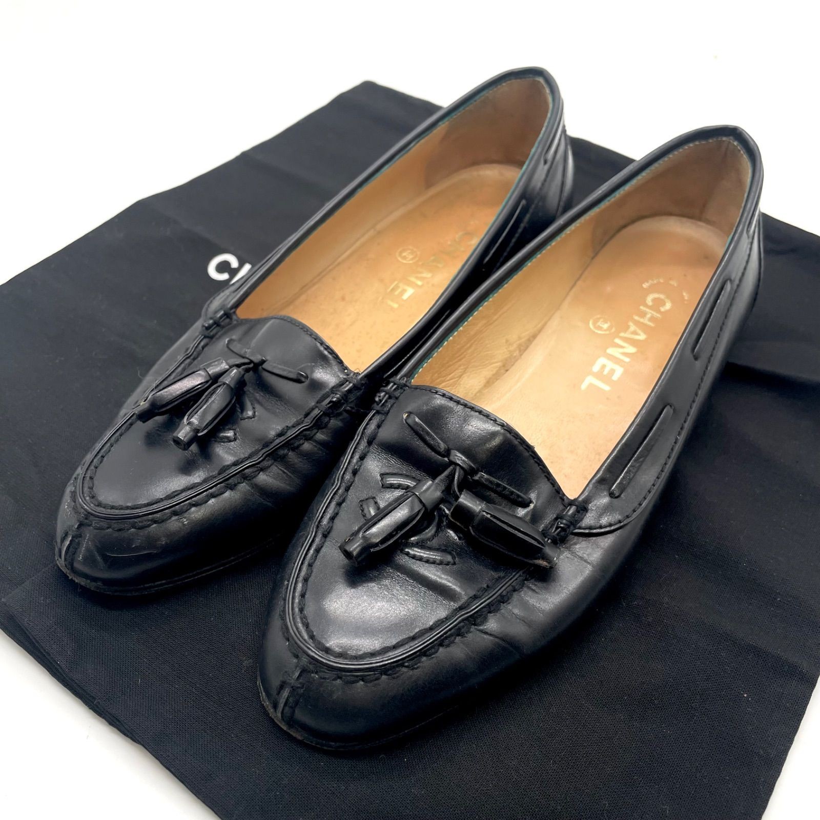 CHANEL Black Leather Tassel Loafers Ladies Size 36 23cm COCO Mark Auth