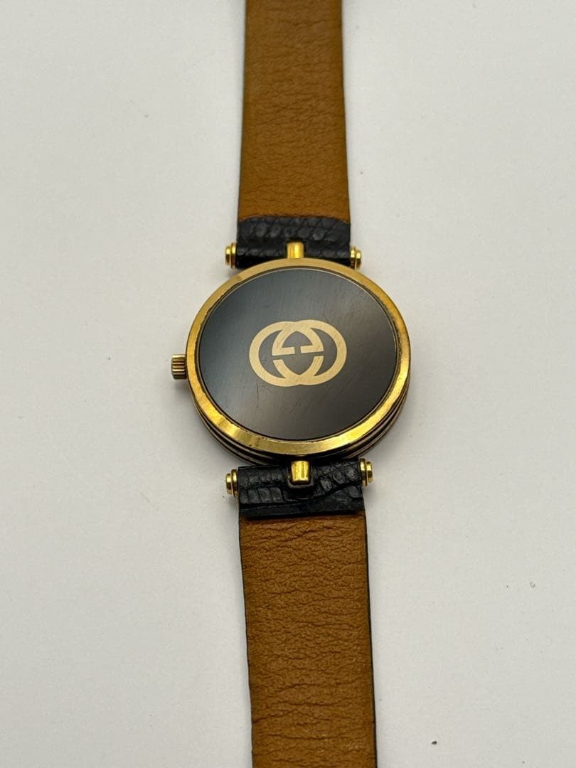 GUCCI 2000L Sherry Line Gold Vintage Watch Black Dial Leather Band Working Auth thumbnail 5