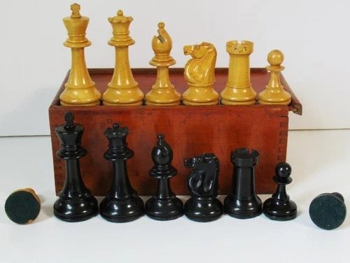 ANTIQUE 1930ies FRENCH STAUNTON WEIGHTED CHESS SET KING 95mm AND BOX NO BOARD