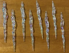 8 Large Icicle Ornaments Acrylic Crystal Clear Iridescent Christmas Tree Set New