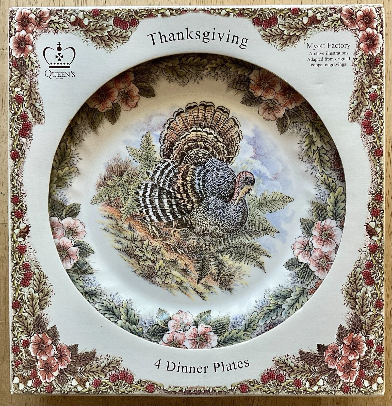 QUEEN’S Thanksgiving Myott Factory 4 Dinner Plates 10” BRAND NEW Original BOX