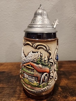Vintage Original King Austria Beer Stein - Hand Painted ''Aus Den Bergen'' Scenic