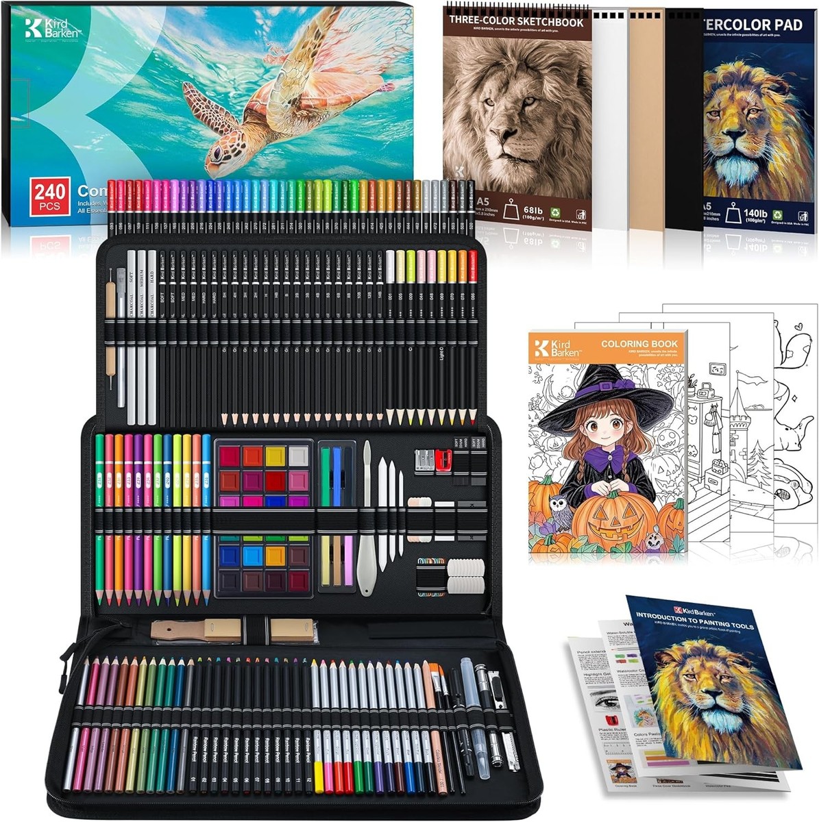 240PCS Artists Art Supplies Drawing Kit with 3 Sketchbook Coloring