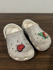 Crocs Classic Glitter Clogs Toddler Girls 8 Sparkle White Silver 206992 Charms
