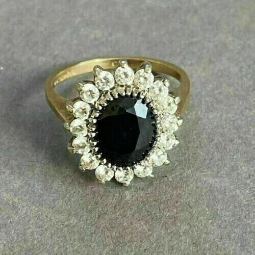 Impresionante anillo para mujer corte ovalado simulado diamante negro enchapado en oro amarillo de 14K Foto 3 de 4