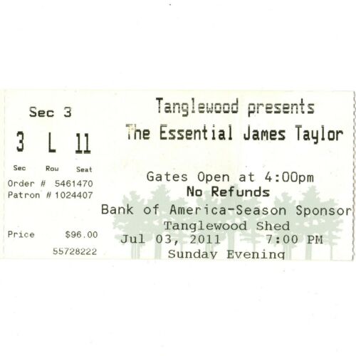 Biglietto concerto JAMES TAYLOR stub LENOX MA 7/3/11 CAPANNONE IN LEGNO MANEGGEVOLE raro - Foto 1 di 1