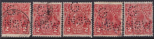 2d KGV RED PERF G NSW PERFORATION NSW GOVERNMENT POSTMARKS x5 Australia sg127 - Photo 1 sur 2