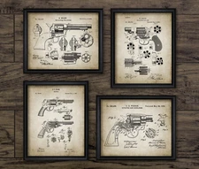 Revolver Patent Prints Set of 4, Vintage Style Wall Art