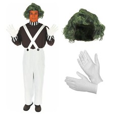 Men`s Oompa Loompa Costume + Wig Adult Chocolate Factory Worker Fancy Dress