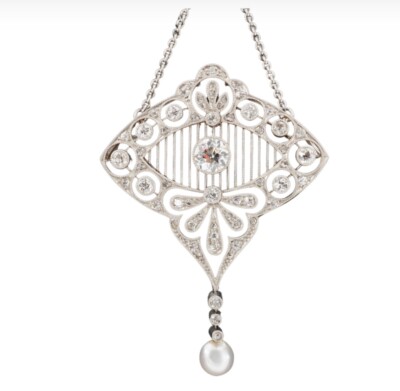 Art-Deco Platincollier mit Diamanten und Perle  Zauber des Art-Deco 
