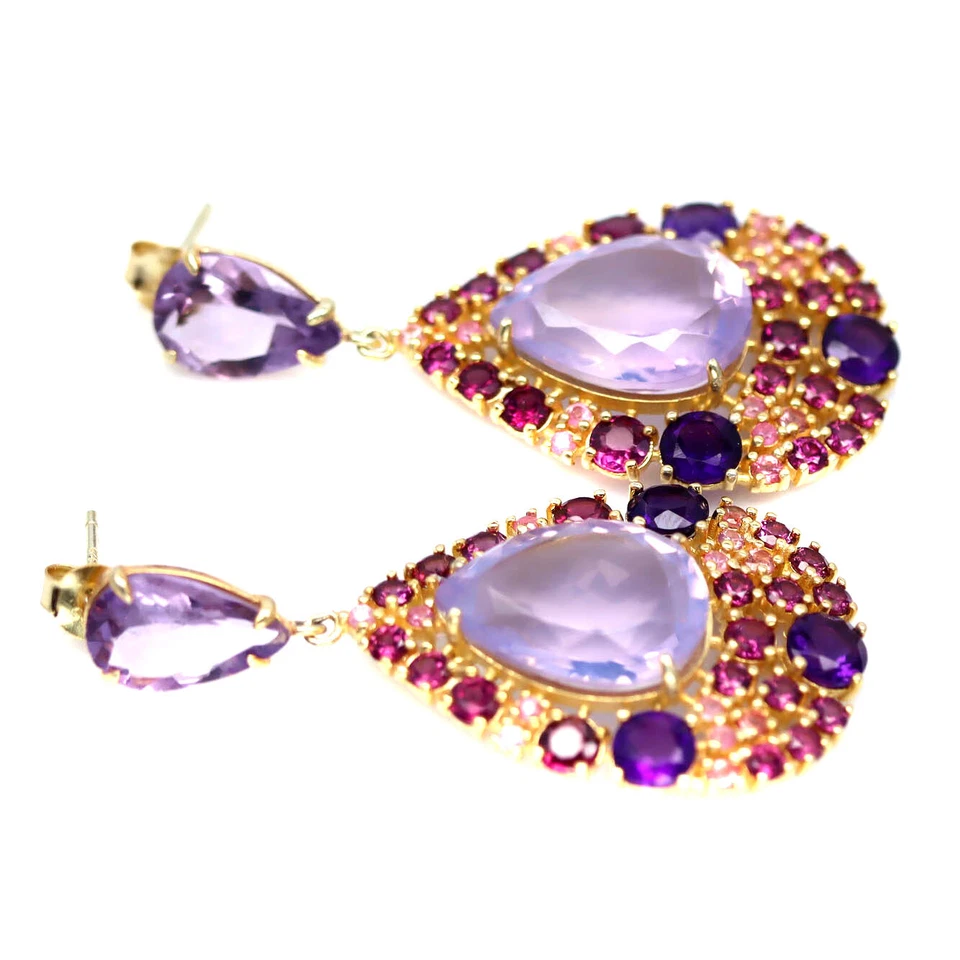 Gemstone Lavender Quartz, Amethyst, Rhodolite Garnet Earrings 925 Silver - Image 2 of 4