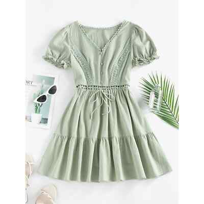 Zaful Puff Sleeve Lace Crochet Flounced Mini Dress Light Green Size US 8 Large | eBay Zaful Puff Sleeve Lace Crochet Flounced Mini Dress Light Green Size US 8 Large | eBay