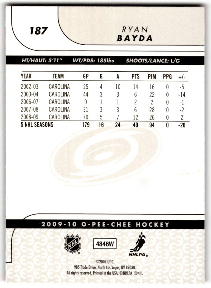Ryan Bayda 2009-10 O-Pee-Chee Rainbow #187 Carolina Hurricanes - Image 2 of 2