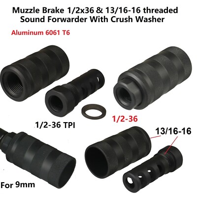 Aluminum 1/2X36 TPI Muzzle Brake For 9 mm With 13/16X16 TPI Sleeve Forwarder
