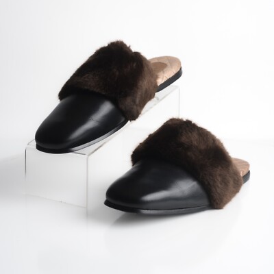 Gucci Mens Black Leather Mules Slippers Faux Fur Quilted Limed ed US 8.5 New