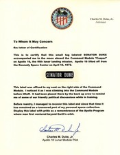 Name Tag Flown on Apollo 16 into Lunar Orbit - Flight-Certified by Charles Duke